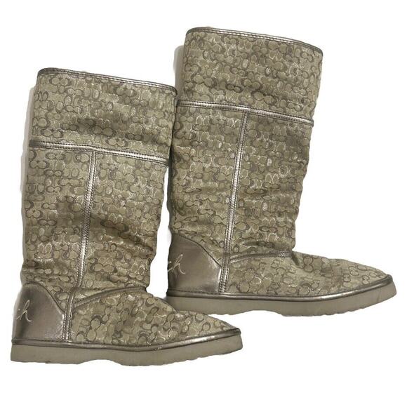Coach Women’s Size 6B Nikole Shearling Logo Signature Boots Mid Calf Gray Silver - Picture 1 of 12